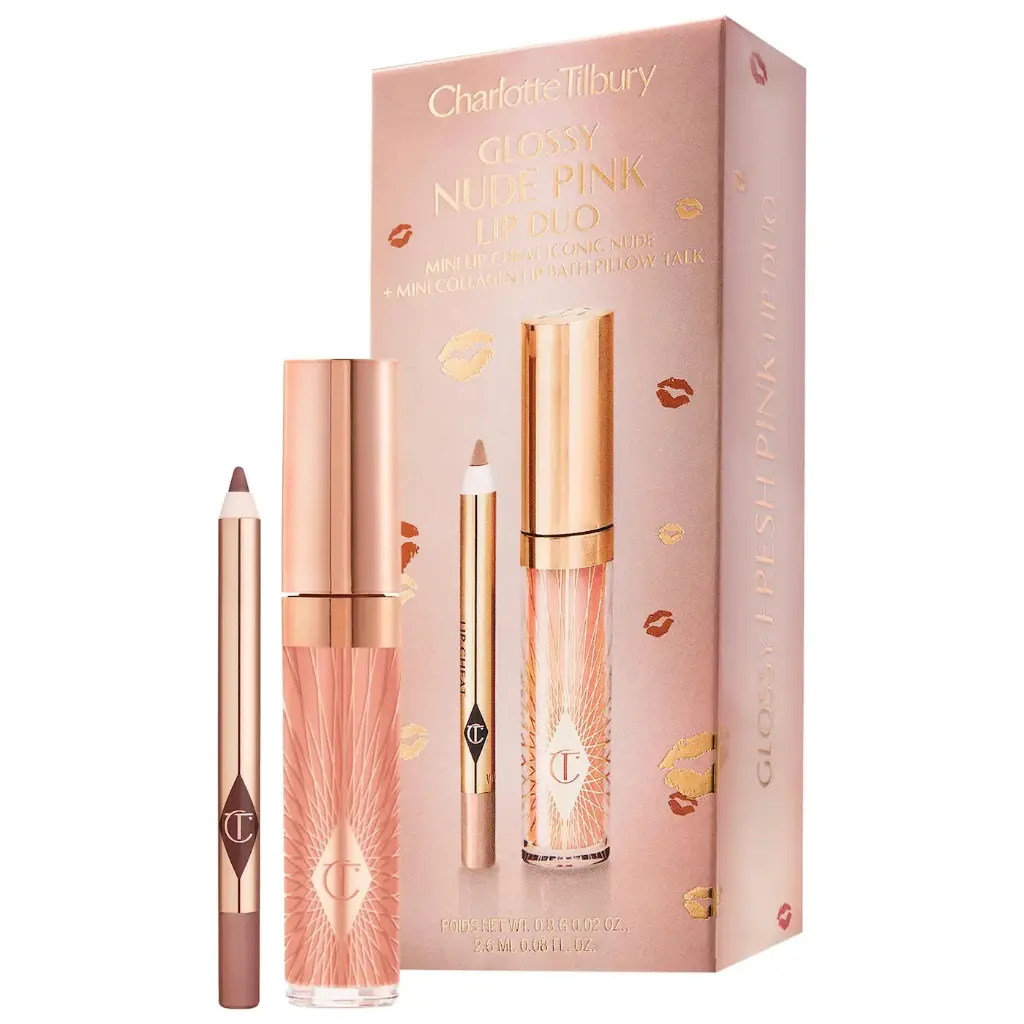 [08171600] Mini Glossy Pink Lip Gloss + Lip Liner Set  Nude PinkHigh Shine
